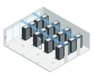 Data center with rows and rows of server racks illustration