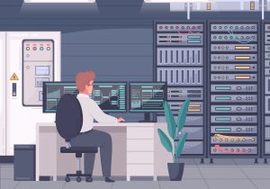 A cartoon of man working in data center