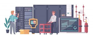 Illustration of employees working in a data center surrounded by servers racks