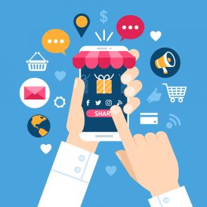 An illustration of mobile commerce and social media advertising concept